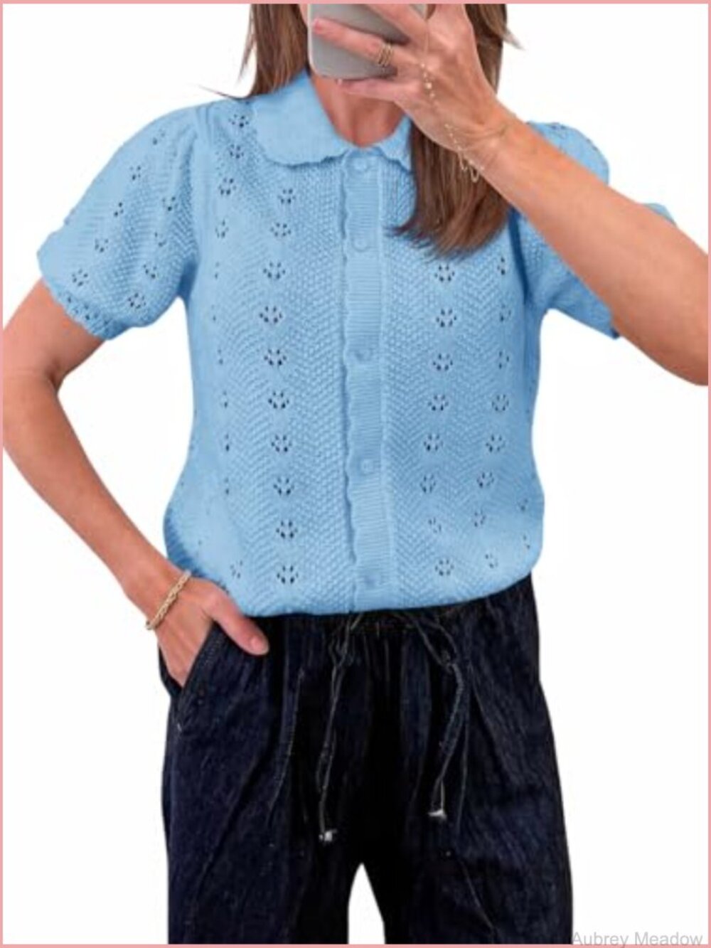 Lightweight Cotton Crochet Knit Cardigan Short Sleeve Button Front - Picture 2 of 7